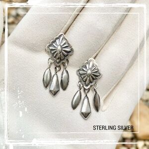 Signed-Terry Charlie Navajo Sterling Silver Triangle Concho Post Dangle Earrings